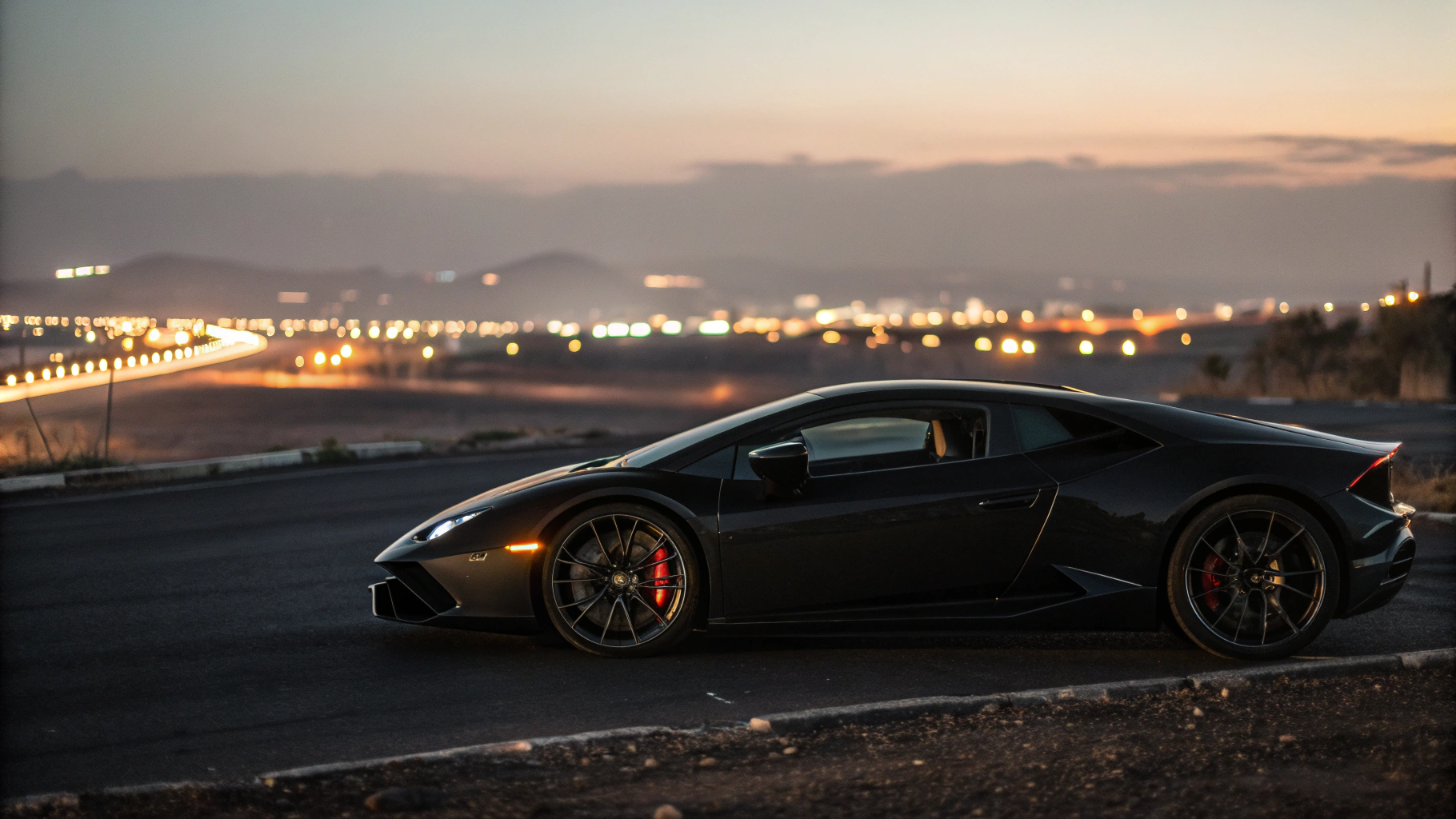 Sleek blacked-out Lamborghini Revolto parked against Miami's glowing skyline at dusk
