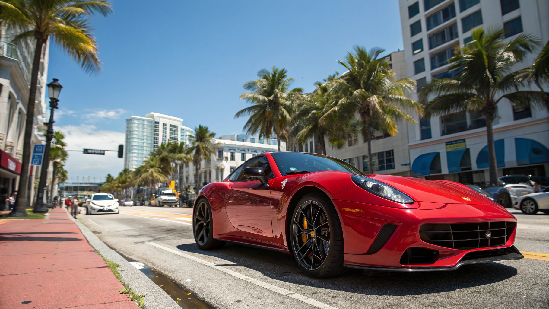 Luxury exotic car parked in a sunlit Miami driveway